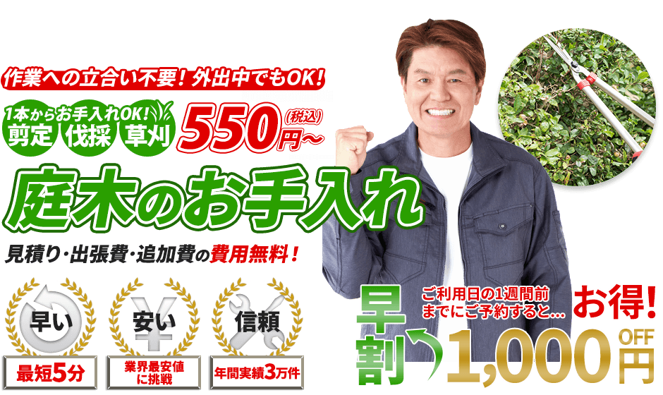 庭木,1本からお手入れOK!剪定・伐採・草刈 550円～,お庭のお手入れ,見積り・出張費・追加費の費用無料！,最短5分,業界最安値に挑戦