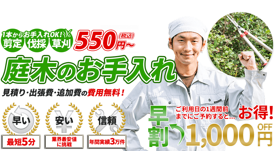 庭木,1本からお手入れOK!剪定・伐採・草刈 550円～,お庭のお手入れ,見積り・出張費・追加費の費用無料！,最短5分,業界最安値に挑戦